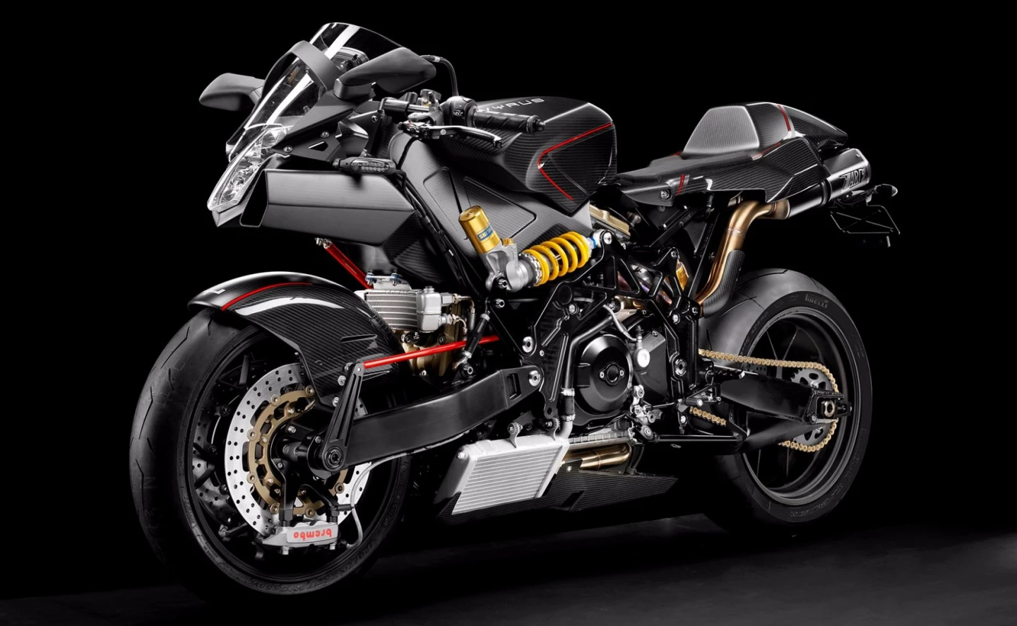 Vyrus 987 3 4V, showing front swingarm and tiller-style steering linkage that goes all the way back to the frame of the bike. Steering lock is limited so the front swingarm doesn't drag on the ground while cornering