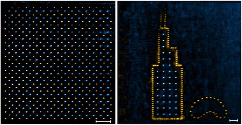 Left: the team's hybrid array of cesium (yellow) and rubidium (blue) atoms. Right: those atoms have been moved into the shapes of Chicago's Willis Tower and Cloud Gate, to demonstrate the customization capabilities