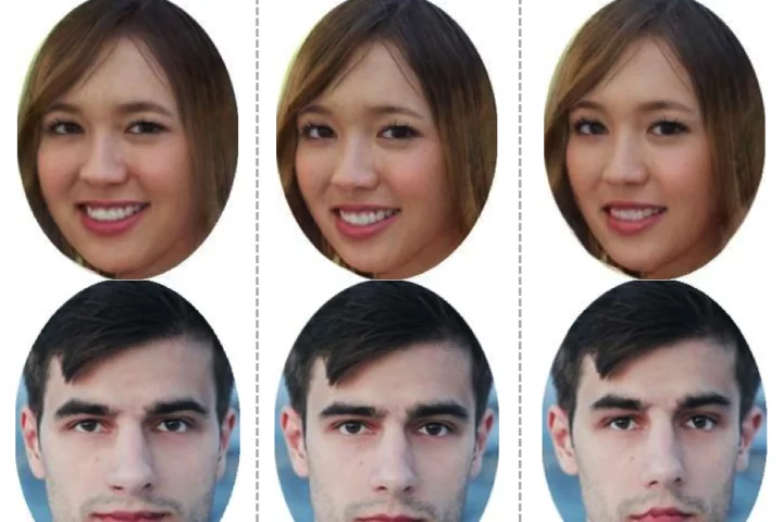 Software developed at MIT subtly alters photos to make faces either more (right) or less (left) memorable (Image: MIT CSAIL)