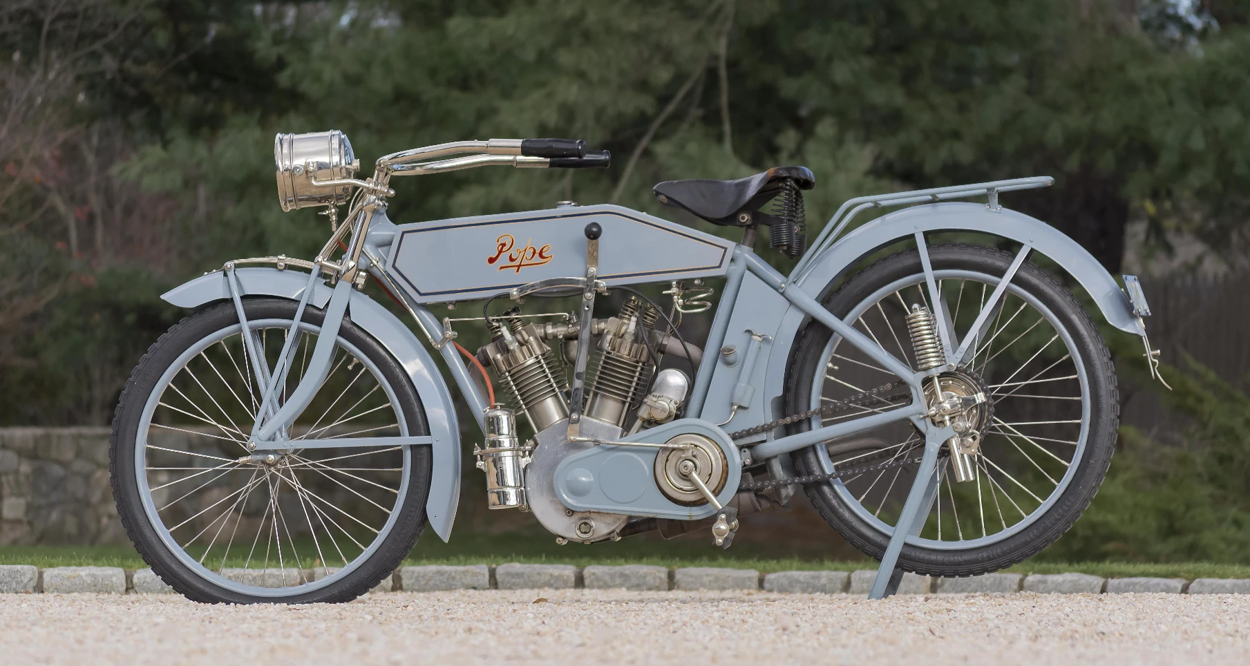 $94,300 – 1913 Pope Model L Twin - Bonhams Lot 123 is a 1913 Pope Model L, a 70 mph 1000cc V-twin produced for six years until 1918, and at the time of it's introduction, the fastest production motorcycle in the world. The world record for the marque and model is $126,500, set at the E. J. Cole Collection sale last year.