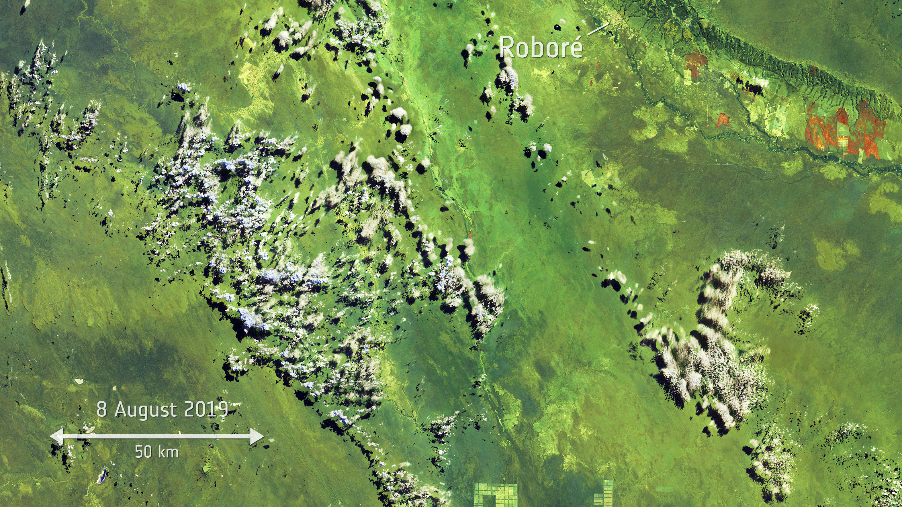 An animation made from data captured by the Sentinel-2 mission showing fires on the border between Bolivia, Brazil and Paraguay