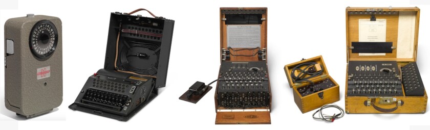 Some of the lots which went to auction as part of historian David Hamer's estate: a 1957 Hagelin CD-57 Pocket Cipher Device, a 1948 Nema Model 45 Cipher machine and a Swiss Enigma K Cipher machine