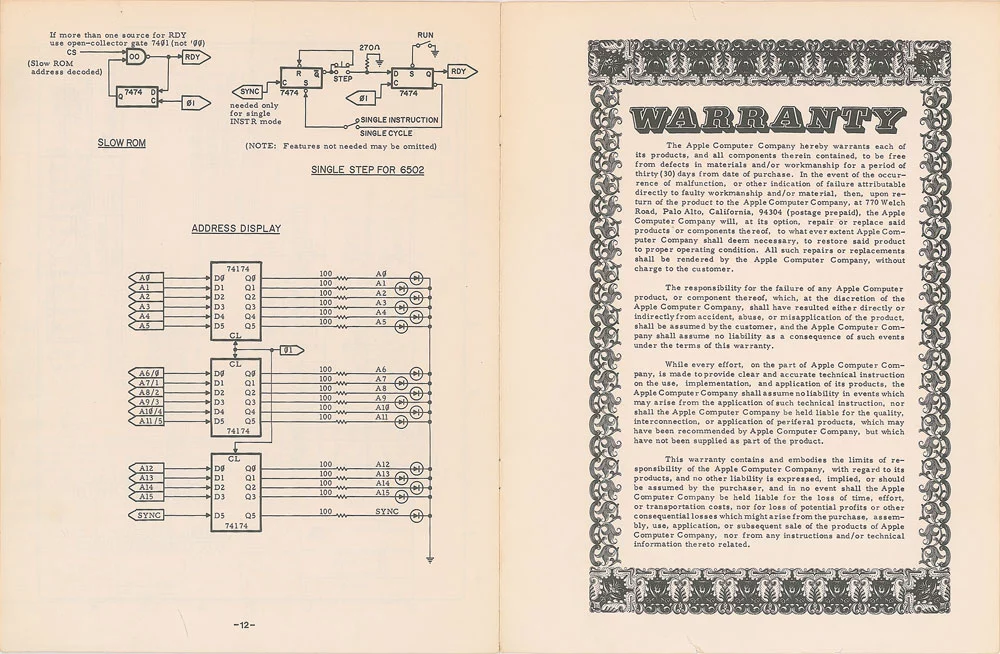 The last spread within the manual, showing one of the wiring diagrams as well as the warranty certificate page