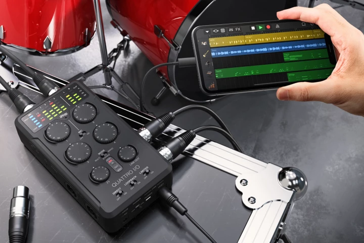 The 4-in/2-out iRig Pro Quattro I/O audio interface and mixer is designed for field or studio recording
