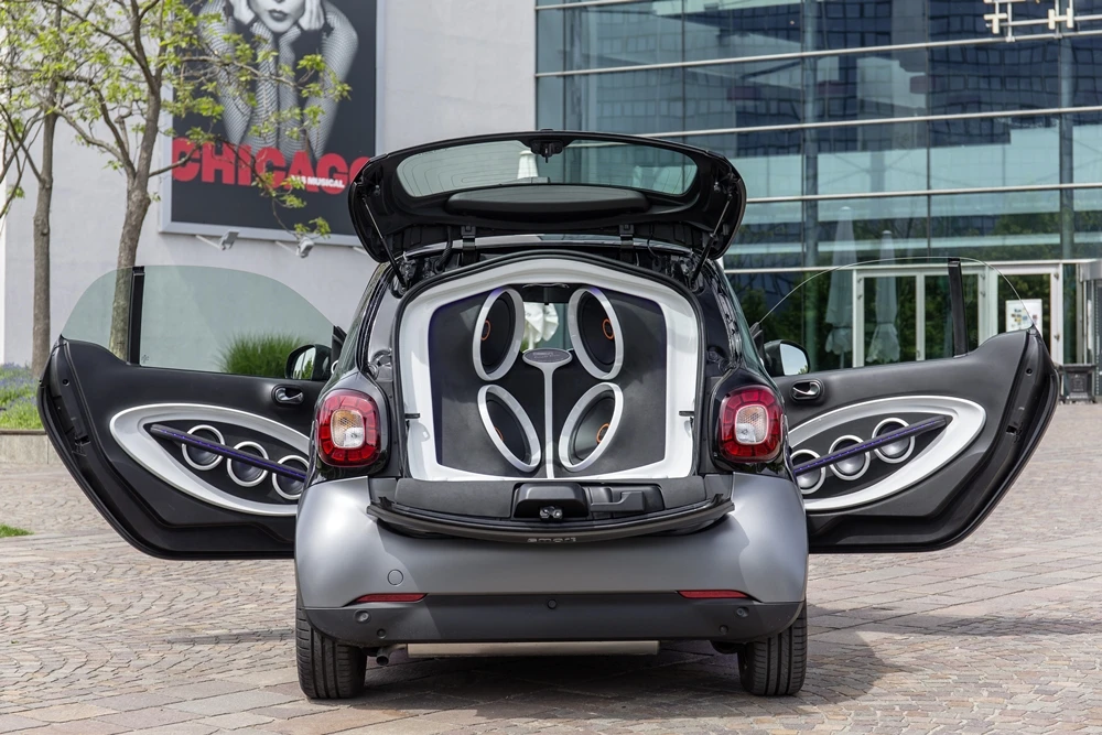 The Smart Forgigs concept car has five amplifiers, 16 loudspeakers and two 30-cm (11.8-in) diameter subwoofers