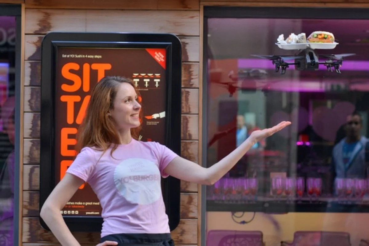 UK-based restaurant Yo Sushi outfitted a quadcopter with a food tray and is having waiters fly it to tables using an iPad