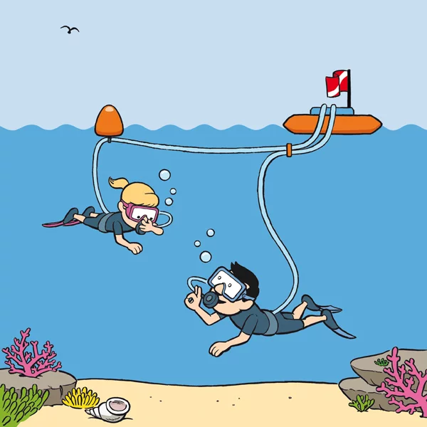 Both the young and experienced divers are tethered to the same system