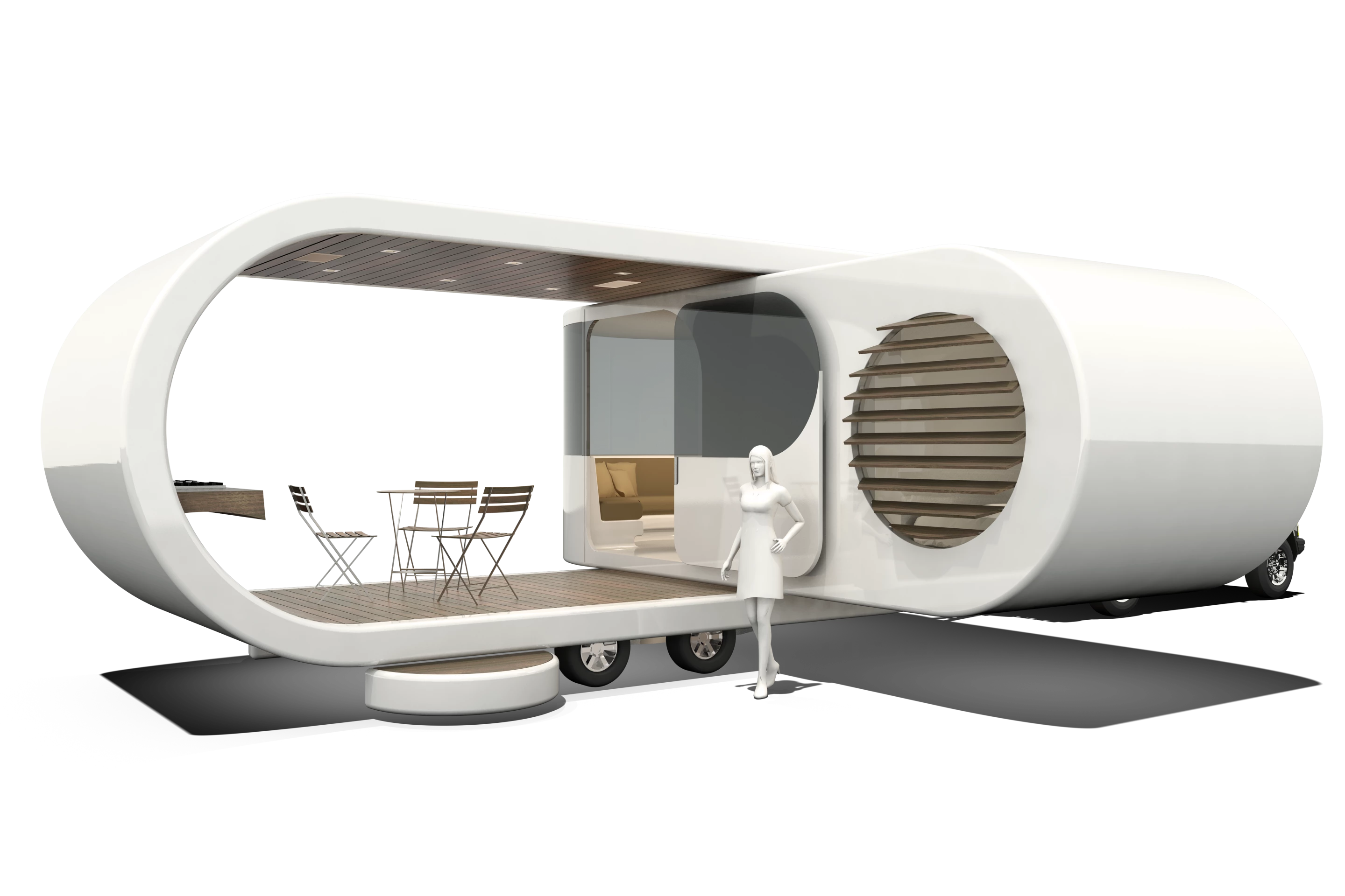 The Romotow fold-out caravan. The living quarters is folded out, revealing the open deck area.