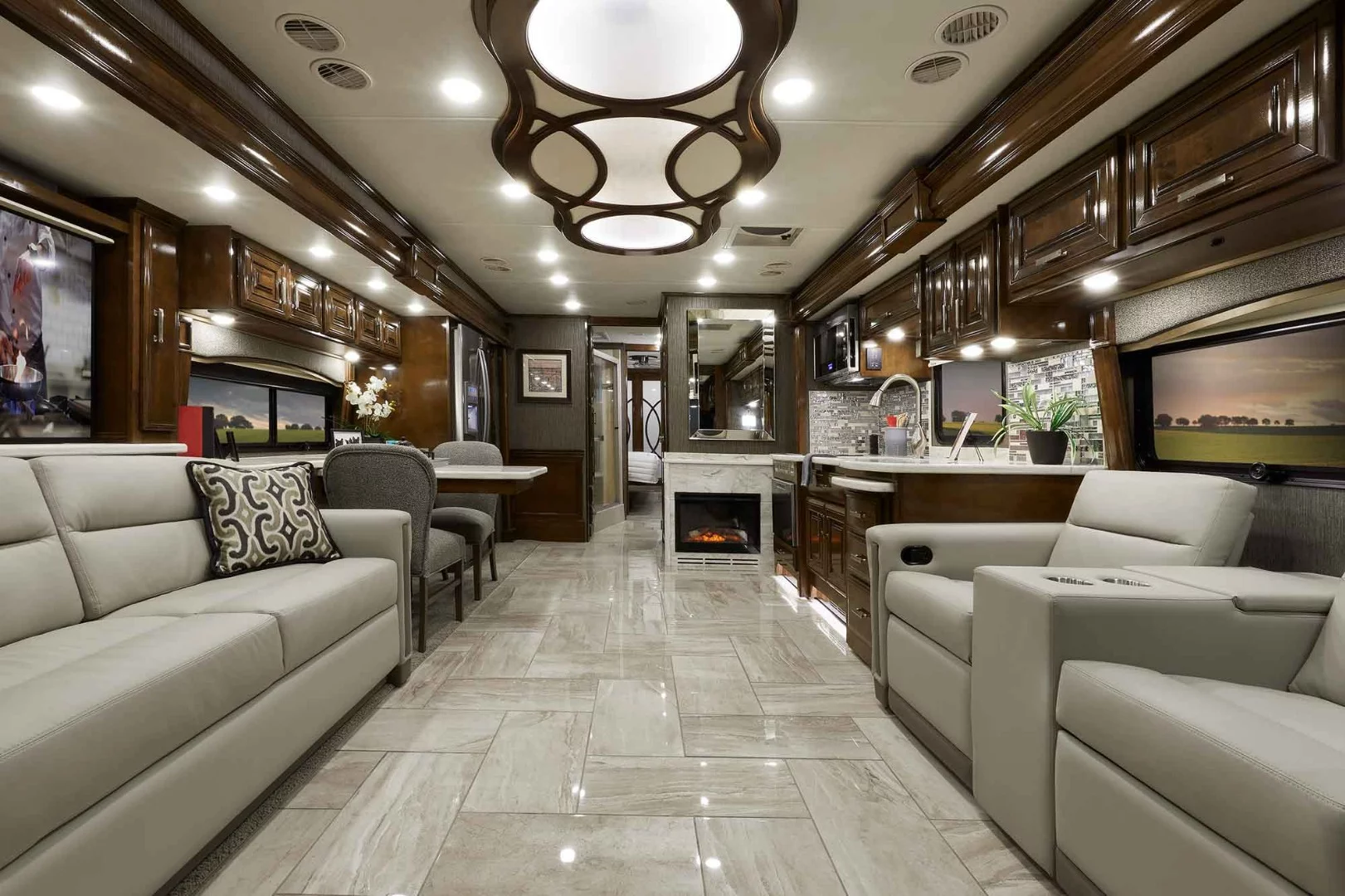 The 2019 Tuscany 45JA is much shinier inside, with its glossy cabinetry and flooring