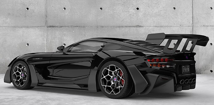 Four big oval exhausts and lots of circular tail lights adorn the back end, if you can see past that giant spoiler wing