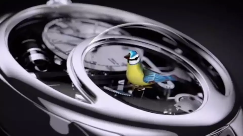 The Jaquet Droz Charming Bird contains a tiny mechanical bird behind the crystal