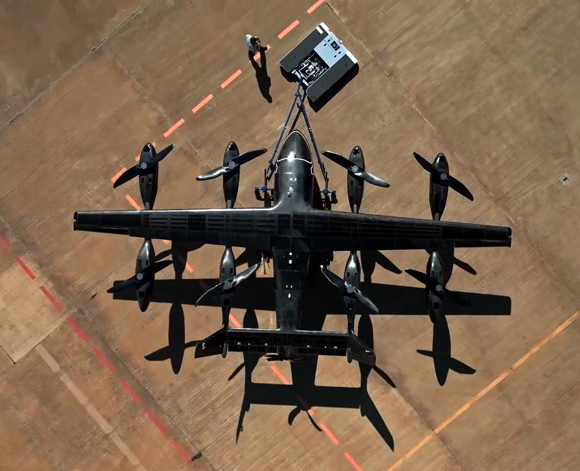 The prototype Eve Air Mobility from above, clearly showing its 8 dedicated vertical flight rotors