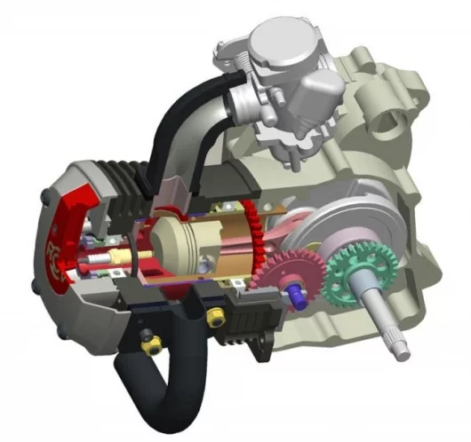 A cutaway of the new 125cc scooter engine developed for MPI - note the advanced face gear drive system