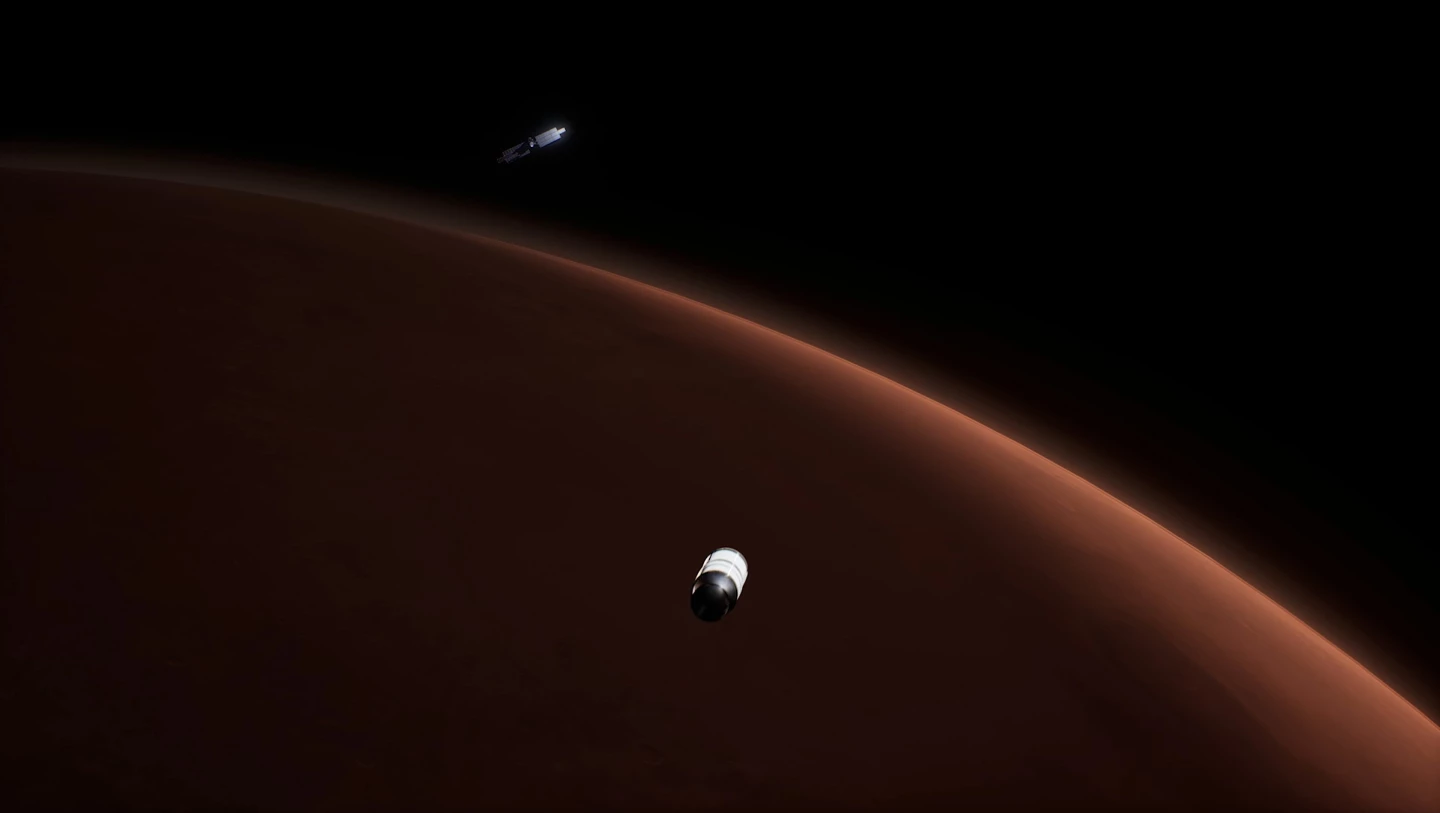 Render of Mars Ascent Vehicle rendezvousing with return craft