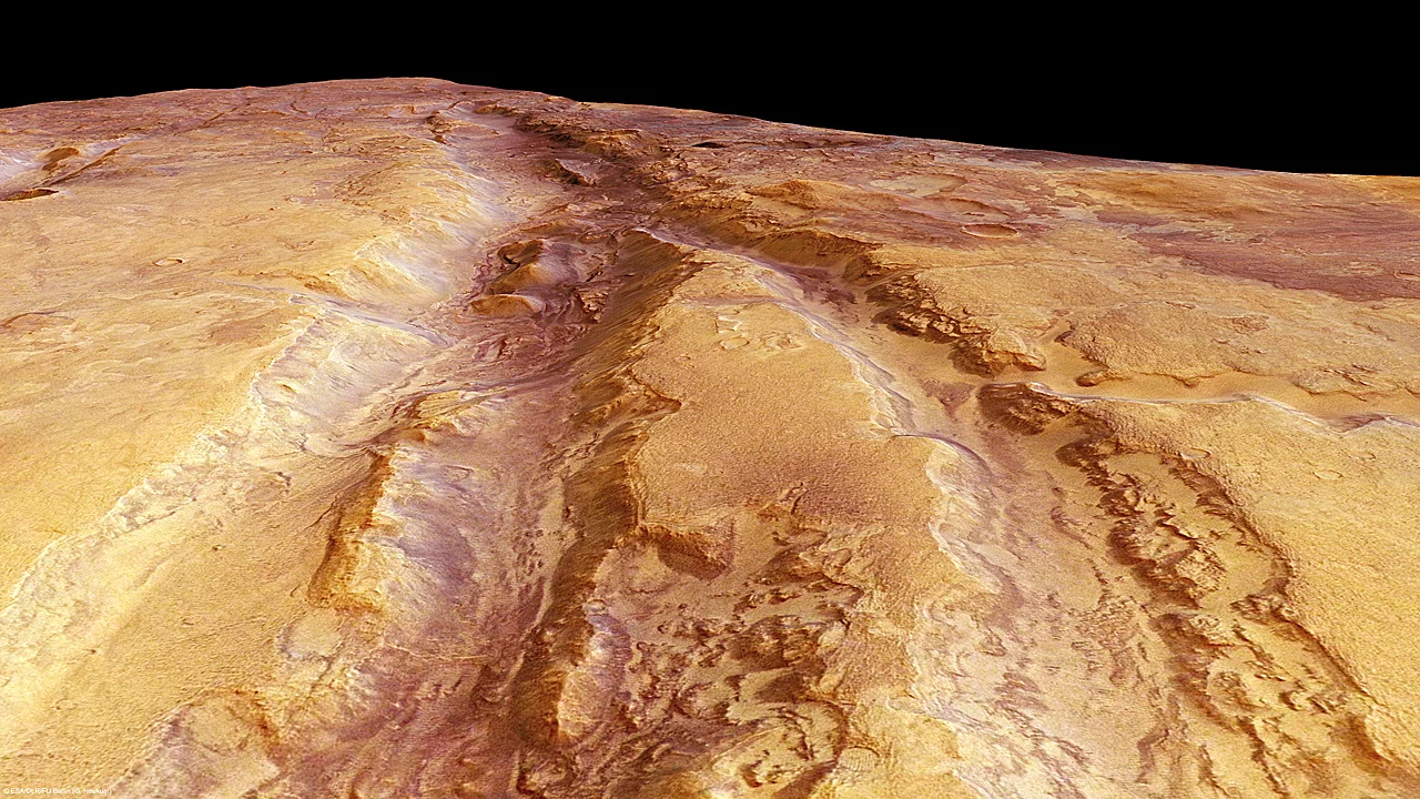 Nili Fossae is a graben system on Mars, northeast of the Syrtis Major volcanic province, on the northwestern edge of the giant Isidis impact basin (Credit: ESA/DLR/FU Berlin (G. Neukum), CC BY-SA 3.0 IGO)