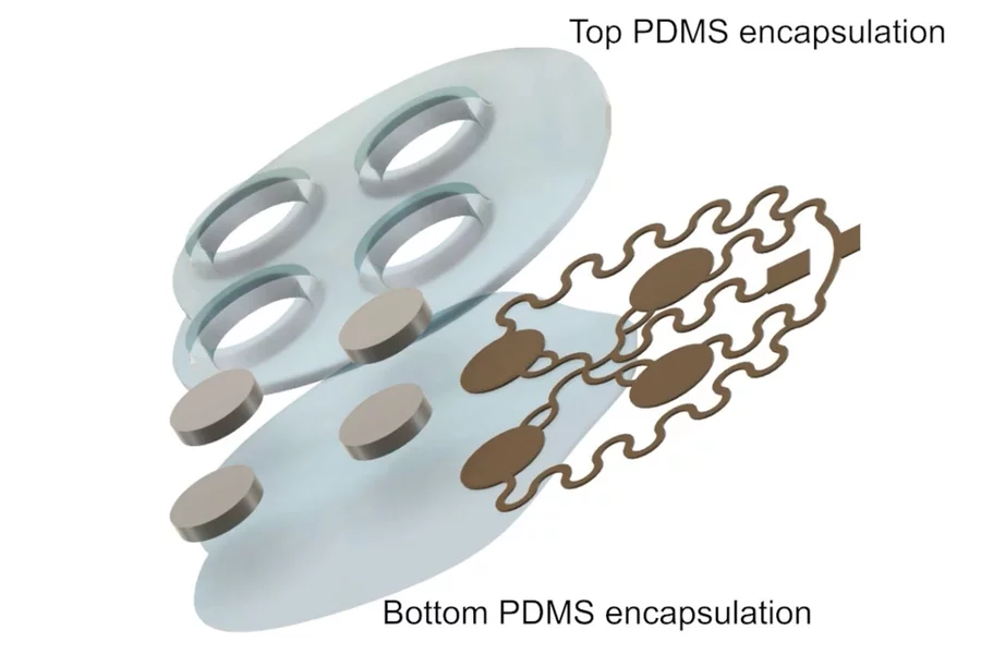 A diagram illustrating the different layers and components of the new ultrasound drug delivery patch
