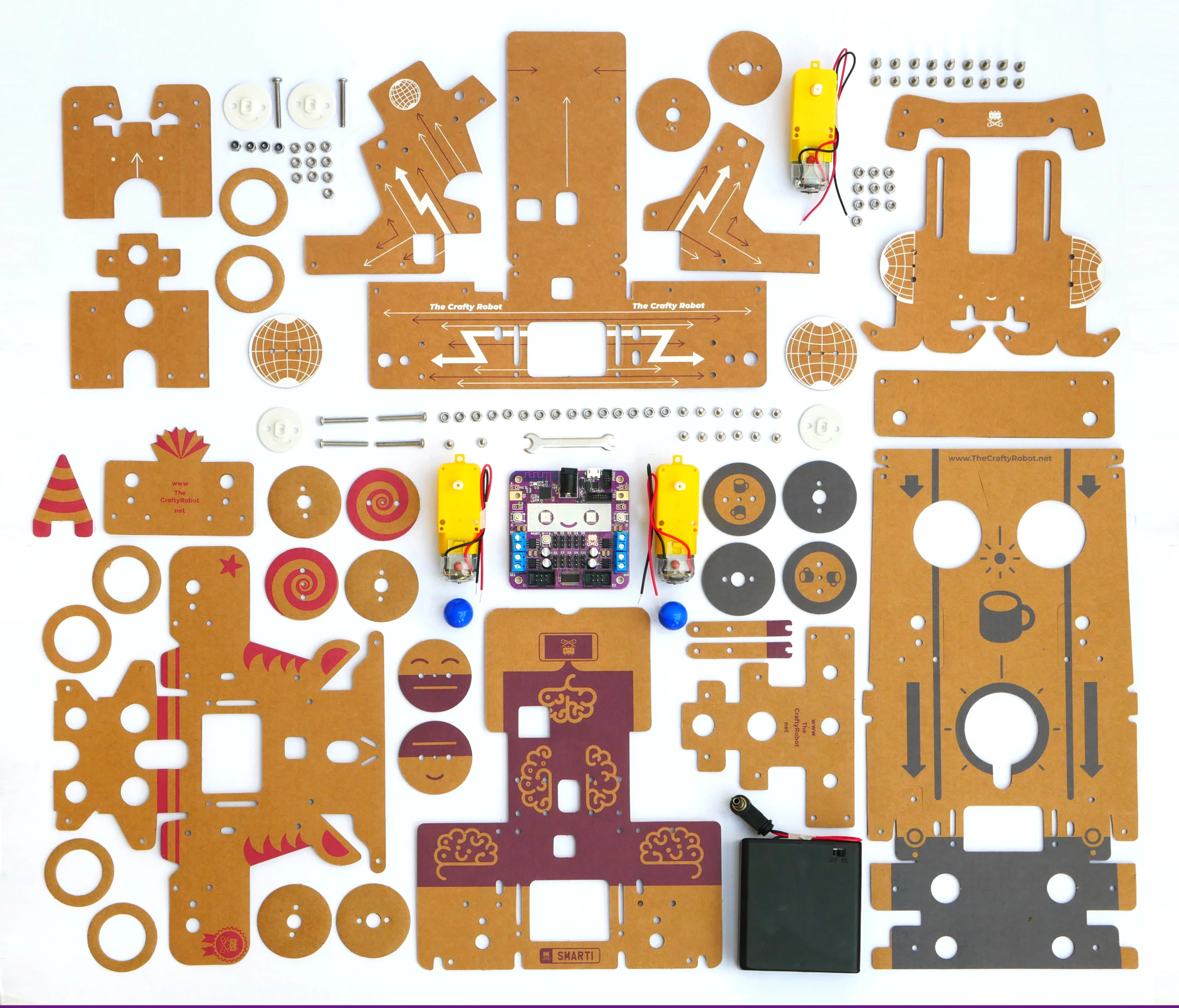 The Smartipresence kit comes with electronics and cardboard components needed to make a desktop telepresence robot