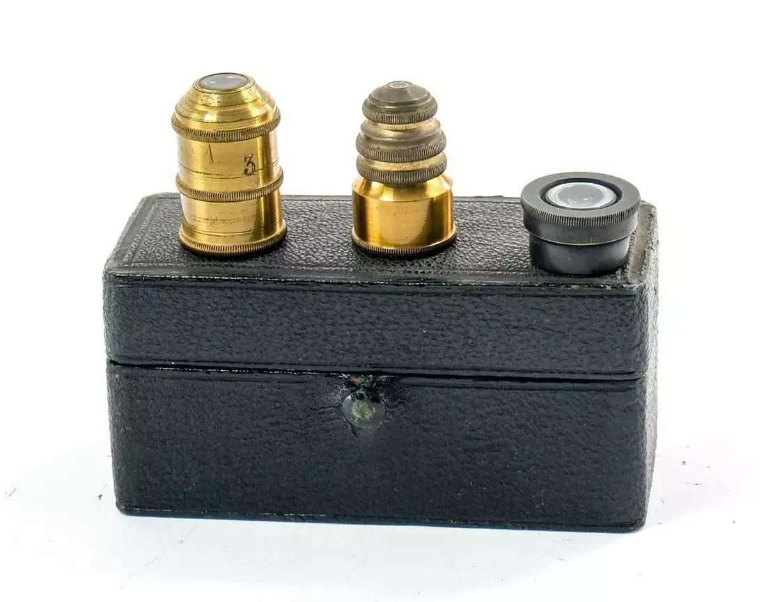 19th Century French Nachet Brass Compound Microscope in original box, with many cased accessories, extras lenses etc sold for $738 at Nest Egg Auctions on September 20, 202