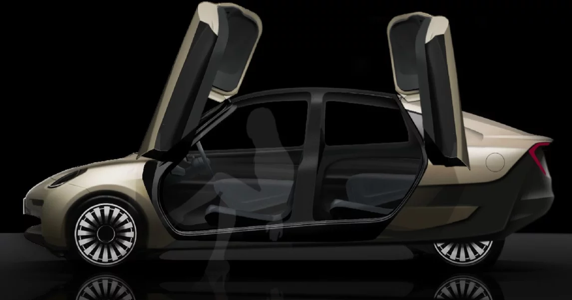 The Riversimple four-door concept with both side butterfly-wing doors open