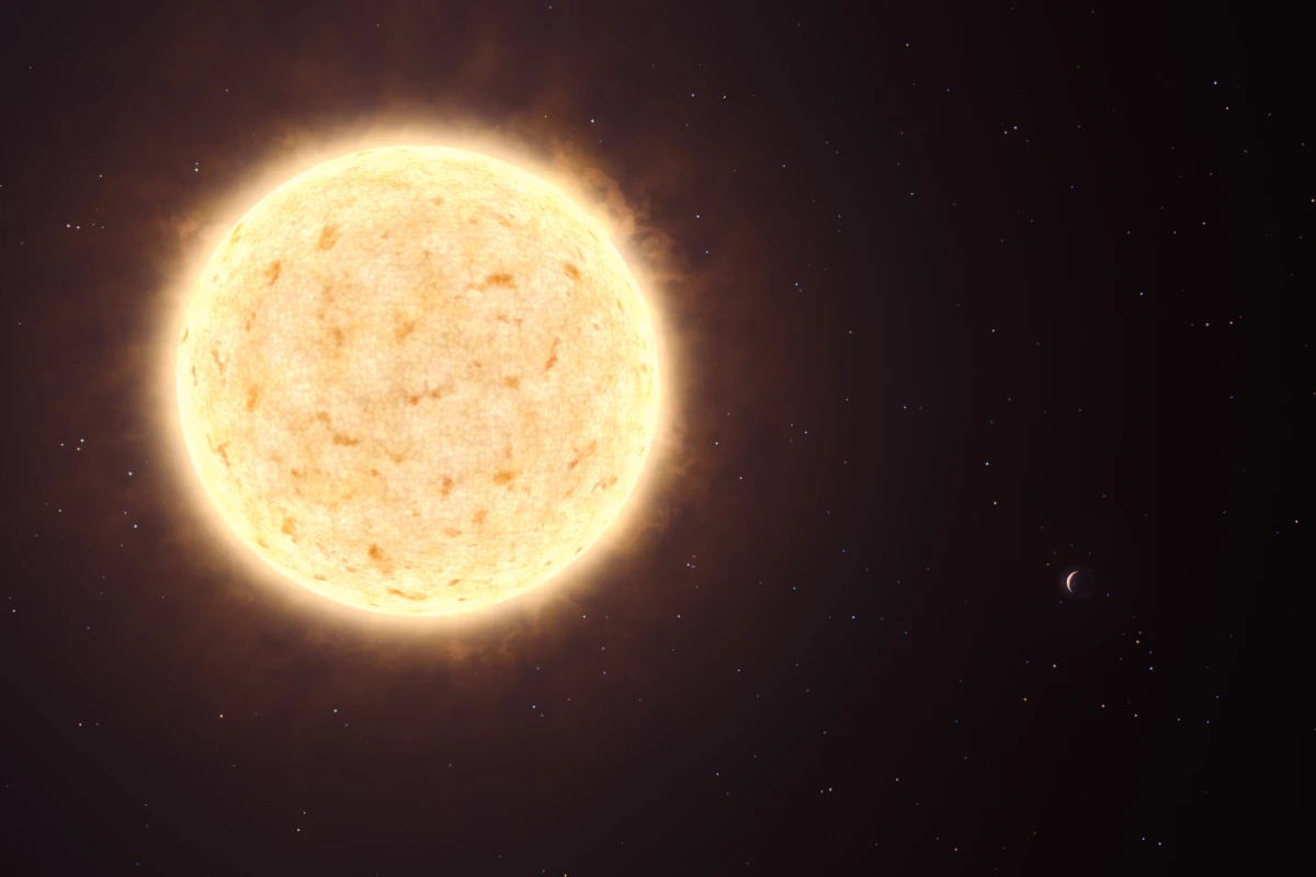 Artist's impression of the yellowish star HIP 13044 and, on the bottom right, its planet HIP 13044 b (Credit: ESO/L. CalÃ§ada)