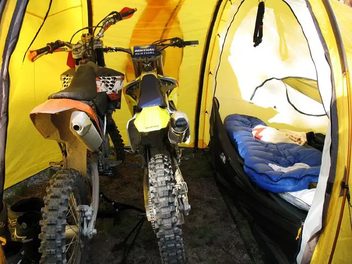 The Series II Expedition Tent features enough room for a motorbike or two, and up to three people