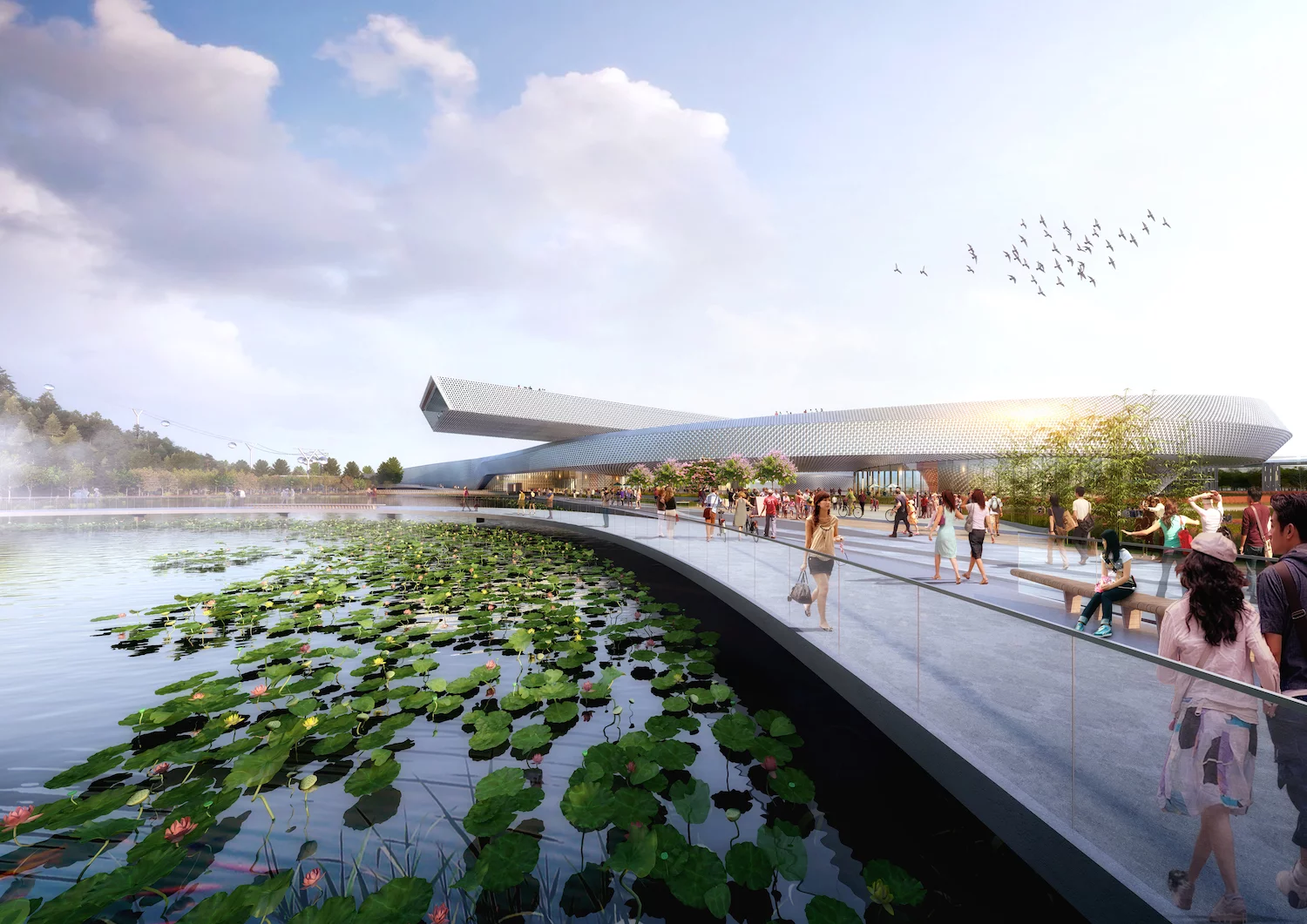 The Suzhou Science & Technology Museum has a novel looping form that draws inspiration from the surrounding landscape