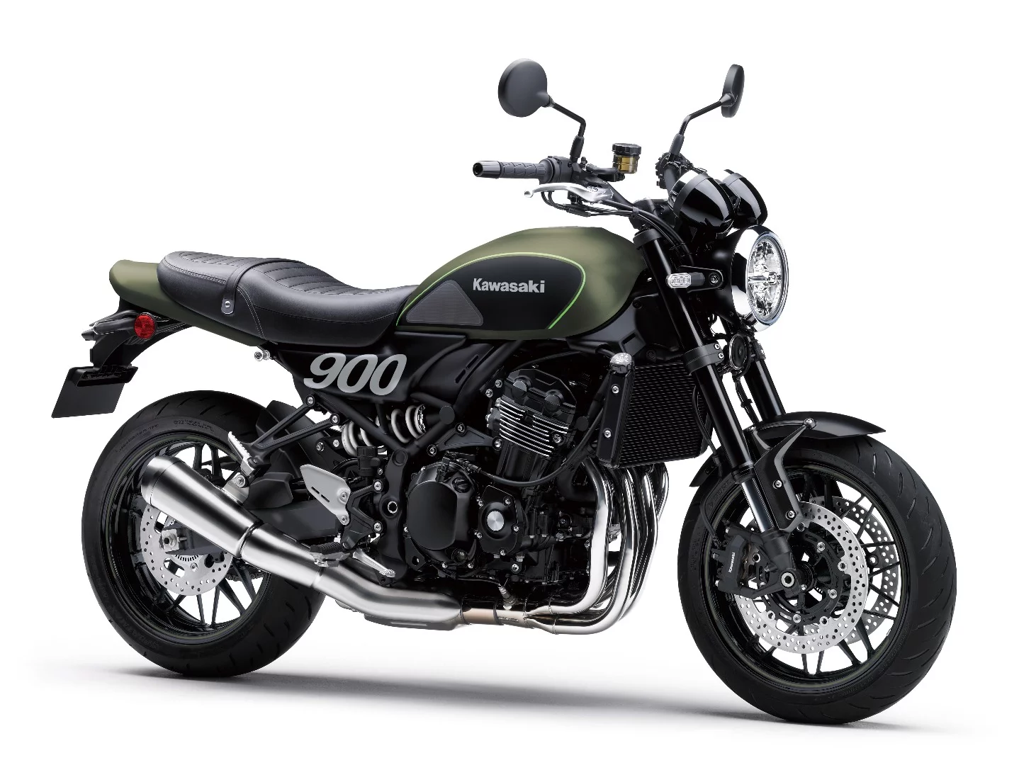 The 2018 Kawasaki Z900RS in the Metallic Matte Covert Green and Ebony Black color combo