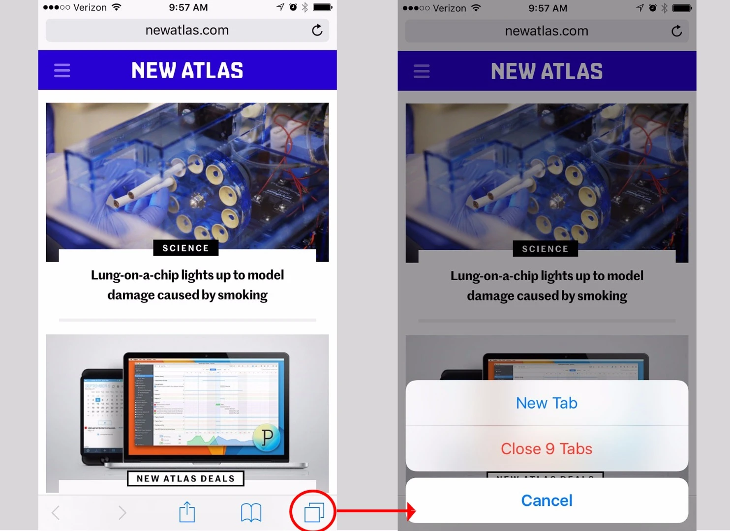 Press & hold the Tabs icon to close all Safari tabs at once
