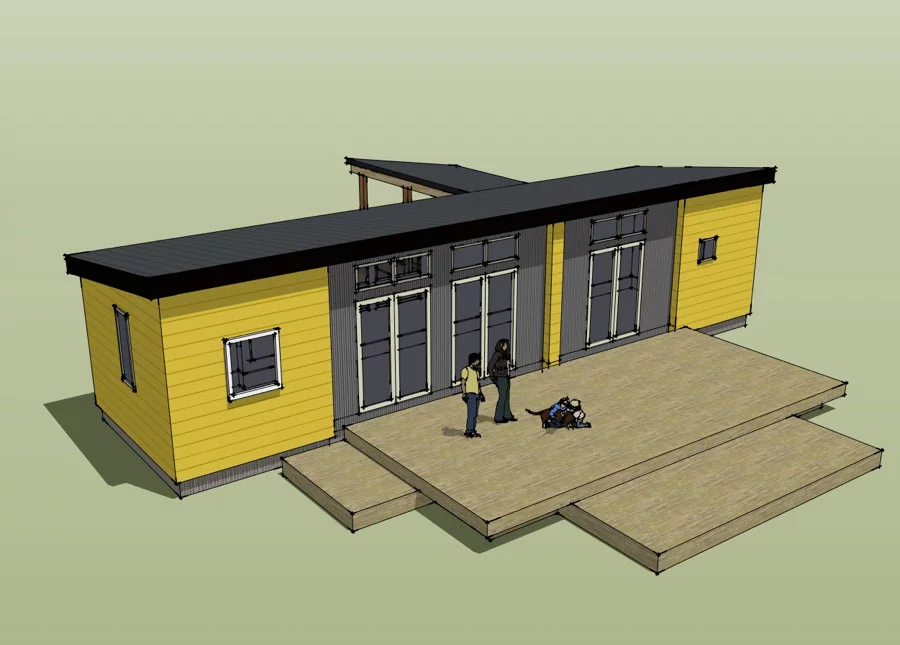 The modular homes are constructed with a combination of fiber-cement and corrugated metal siding