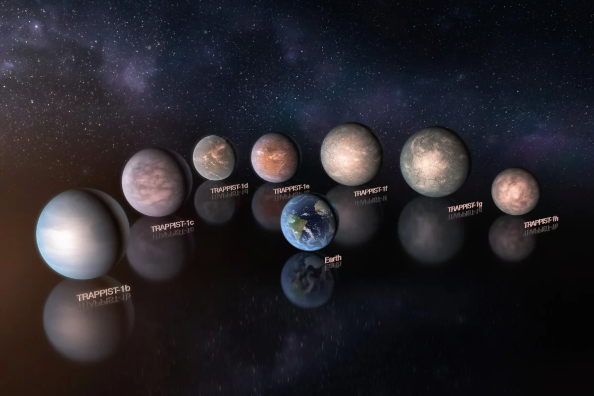An artist's rendition, to scale, of how the TRAPPIST-1 planets would compare to Earth