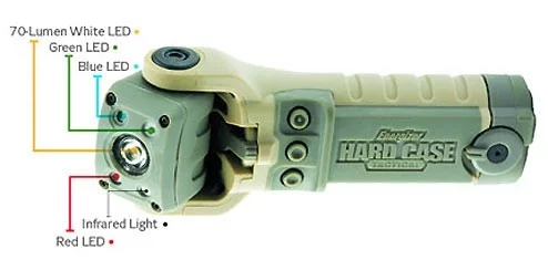 The Hard Case Tactical flashlight features a bright white LED and separate red, green, blue, and infrared (IR) LEDs.