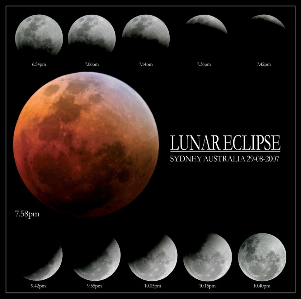 This composite is of the August 2007 eclipse and taken through an old Canon 10d attached to a 2000 mm Meade lens and focal reducer. Exposure times were between half a second and 8 seconds and images were processed and complied in Photoshop.