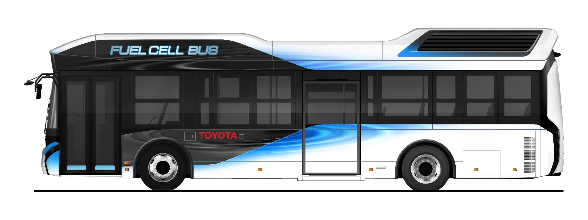 The Toyota Fuel Cell Bus looks conventional from the outside, but runs on hydrogen that's used to power two electric motors