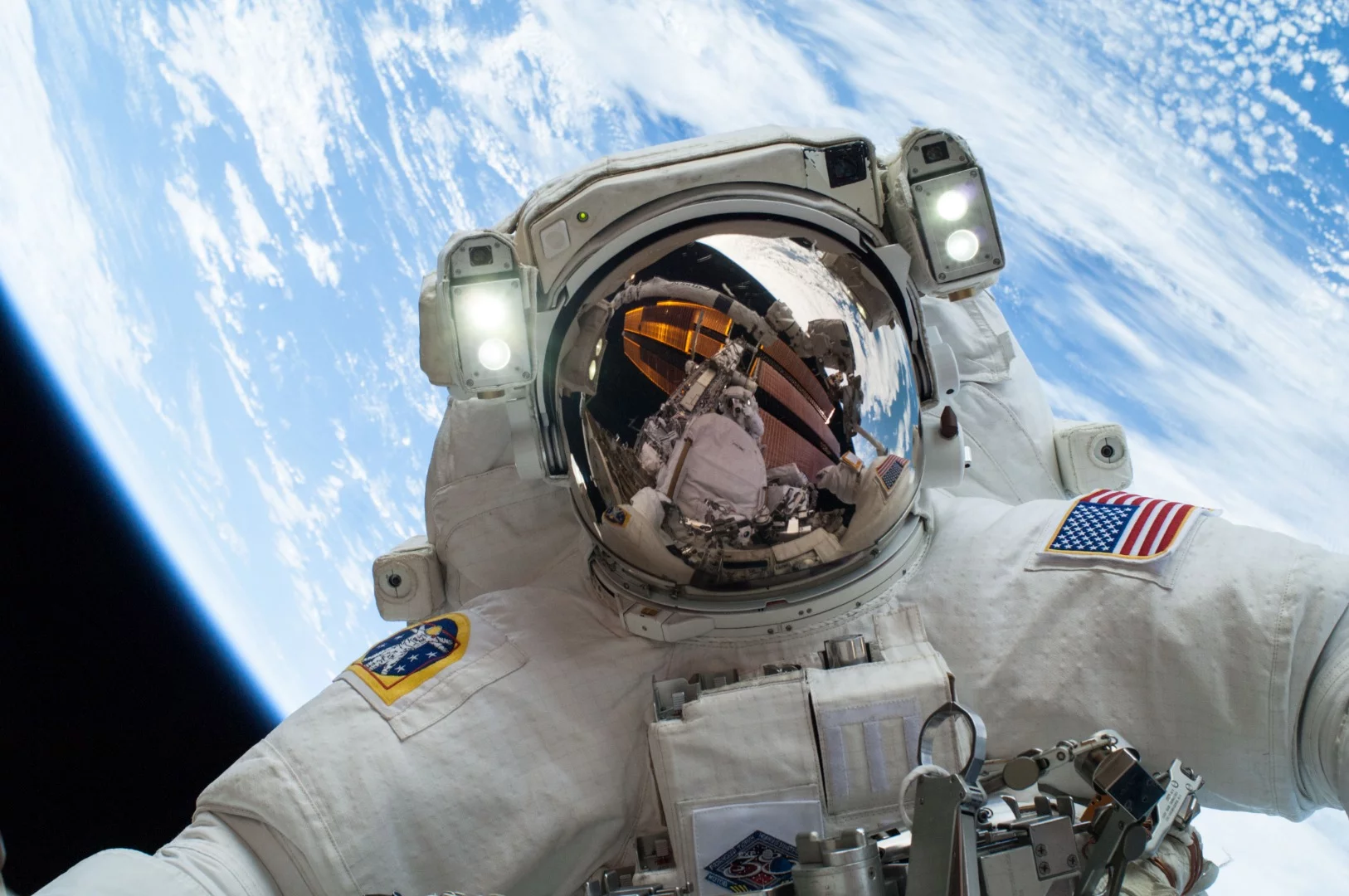 Astronaut Mike Hopkins on December 23, 2013, during a spacewalk to replace a pump module on the exterior of the ISS