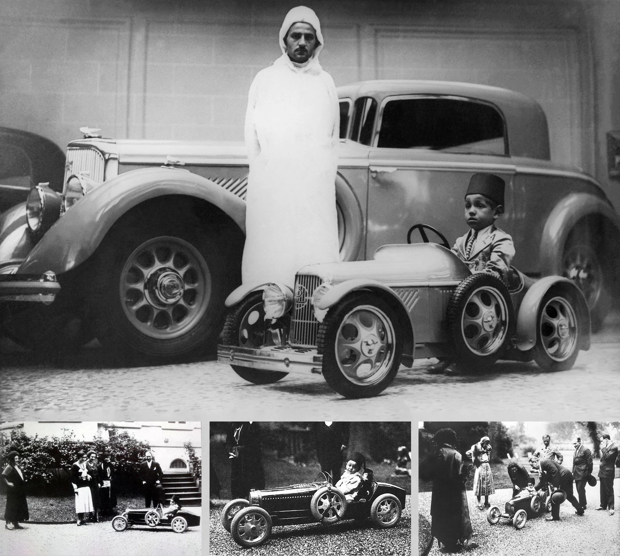 That's the Prince of Morocco who visited the Bugatti factory at Molsheim with his father, the King of Morocco. Both were car enthusiasts as can be seen by the Prince's Eureka Panhard Grand Prix. The Prince was also thrilled to receive what became the most famous of the Bugatti Baby T-35 replicas (lower images) in what became newspaper fodder across the world.