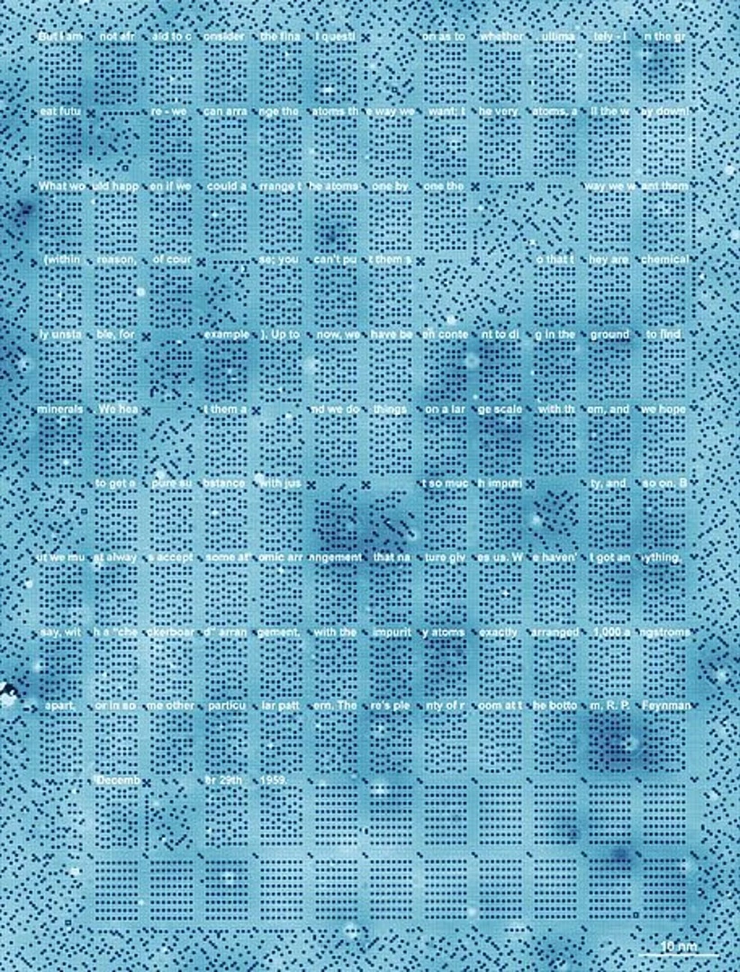 STM scan (96 nm wide, 126 nm tall) of the 1 kB memory, written to a section of Feynman’s lecture There’s Plenty of Room at the Bottom