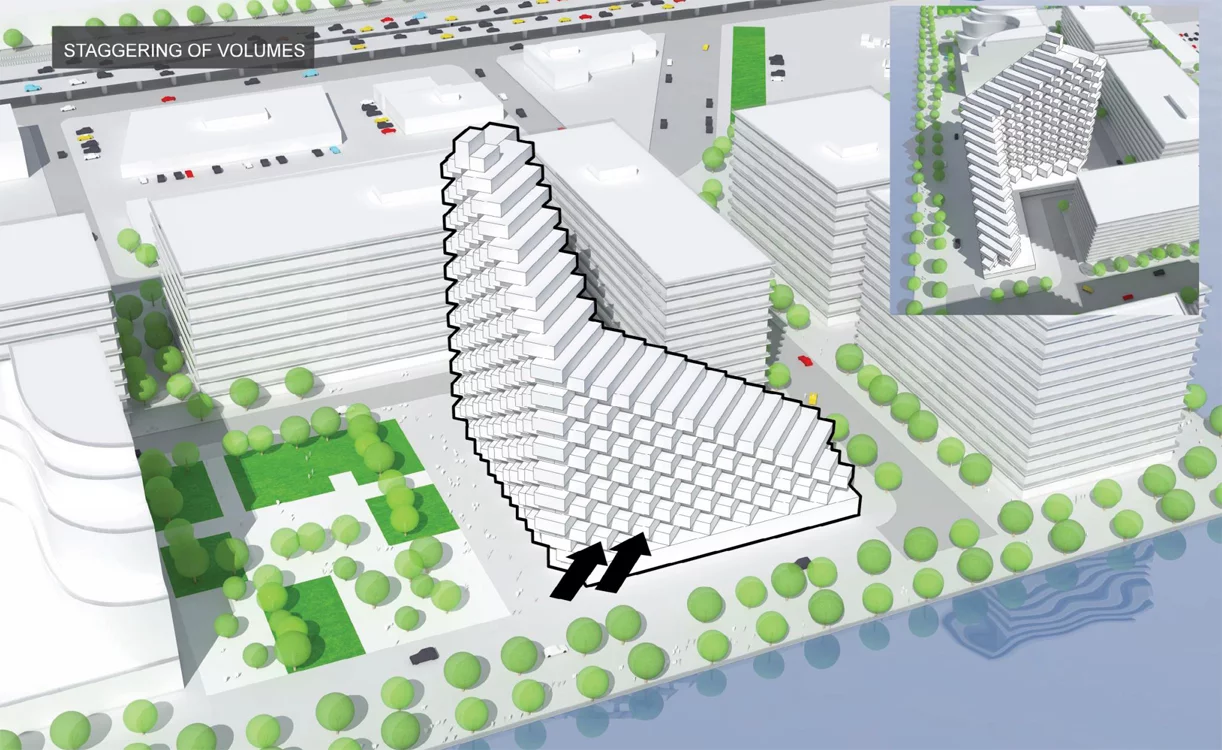 The new design now calls for a 24-floor building with lake views available to 71 percent of its units