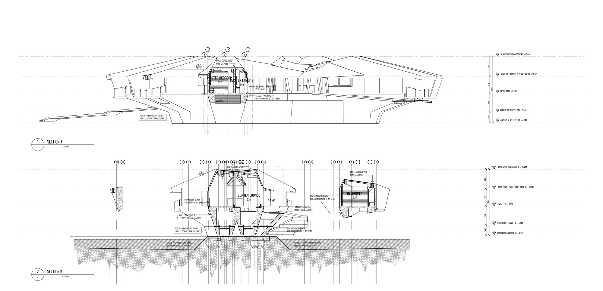 The large living area in the center contains a kitchen/dining space, an open gym area, a few lounges, and several reflective ponds around a central pool