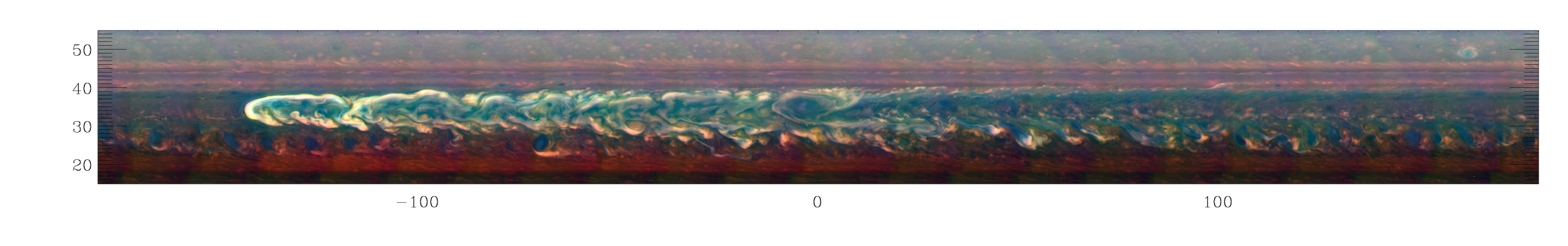 Annotated mosaic showing the trail of a great northern storm on Saturn raging in full force (Image: NASA/JPL-Caltech/SSI/Hampton University)