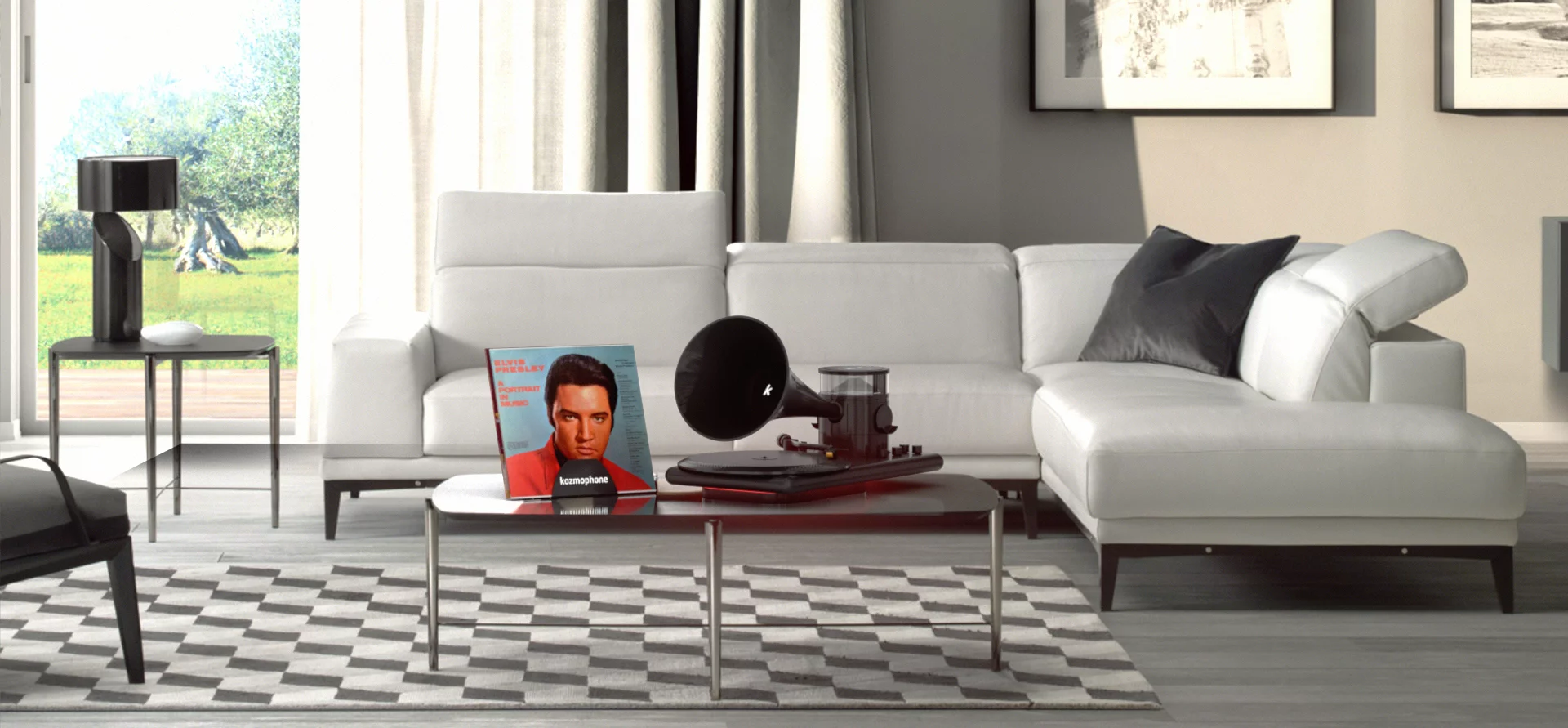 The Kozmophone includes a stylish stand for a record cover