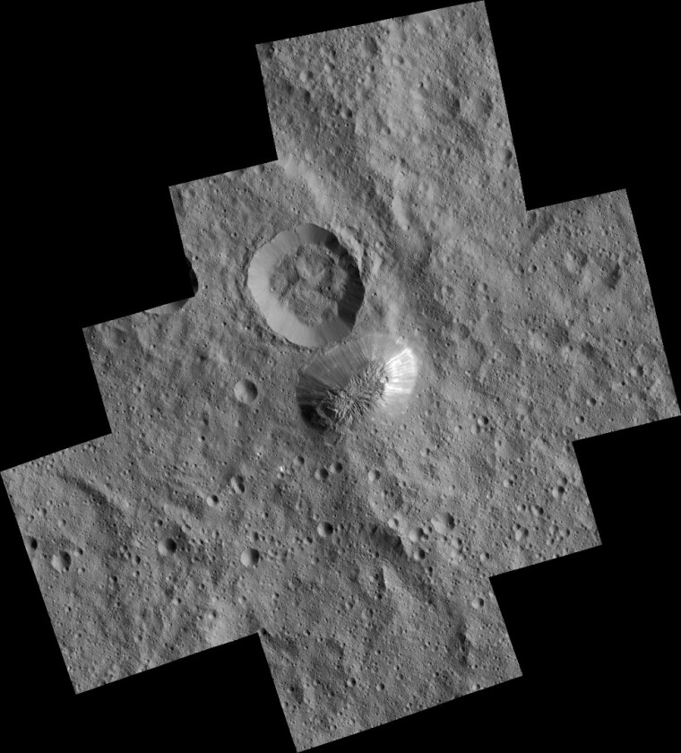 Composite image of Ahuna Mons captured by Dawn's framing camera with a resolution of 120 ft (35 m) per pixel.