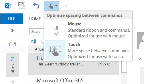 Switching between Mouse and Touch mode changes the format of the Ribbon