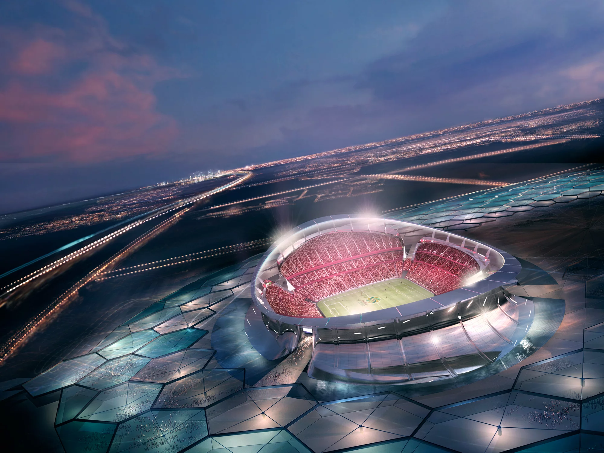 The Lusail Iconic Stadium surrounded by solar collectors