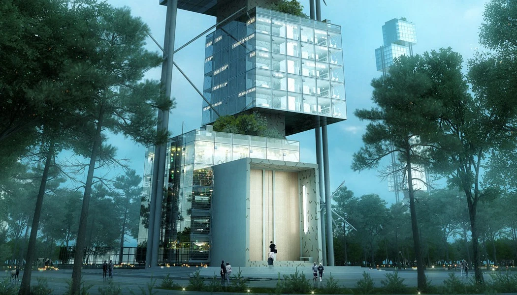 The Elastic Woodscraper II has a central concrete core on which up to nine "skycubes" are mounted (Image: Weingartner Architects)