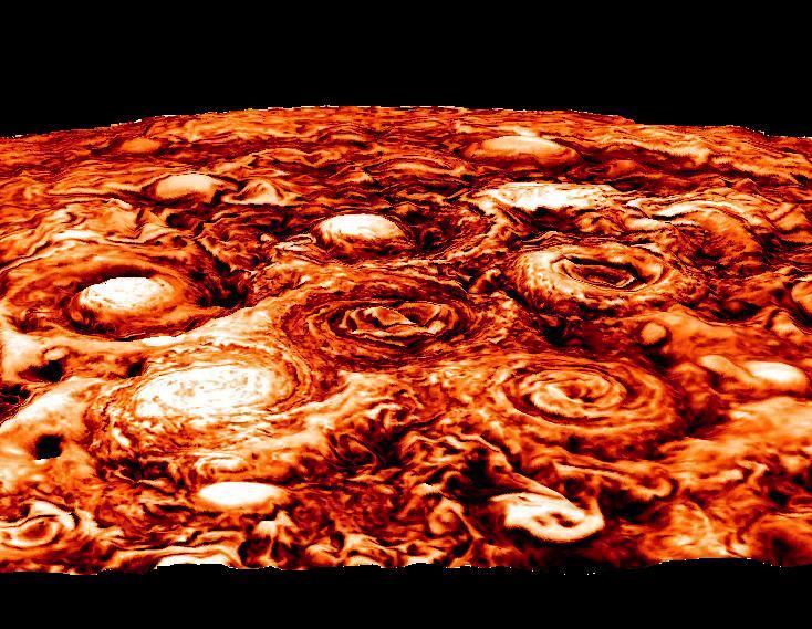 Computer-generated image showing the structure of the cyclonic pattern observed over Jupiter’s south pole