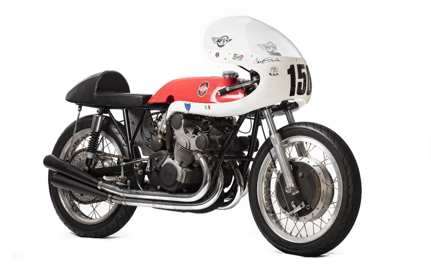The 1957 Gilera 500cc Grand Prix Race Replica was the first of the Kay Engineering race bike recreations. Gilera dominated the first decade of world championship motorcycle racing, winning the premier class in 1950, 1952, 1953, 1954, 1955, and finished racing at the end of 1957 after winning the championship one last time. As the final version of a bike with a decade of world championship-winning development behind it, the 1957 model is one of the most desirable racing bikes in history. When the hammer finally fell, the bike (Lot 588) sold for £55,200 ($71,919), the lowest priced of the three that have been to auction.