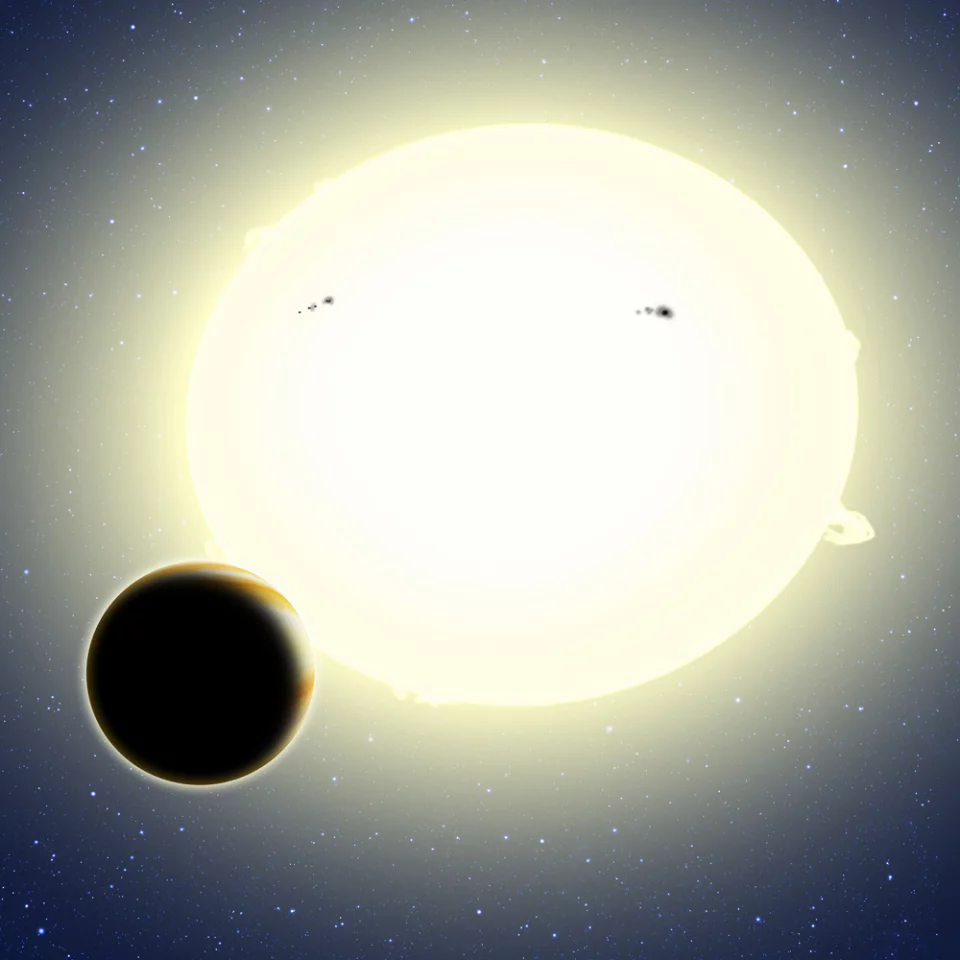 This artist's conception shows Kepler-76b orbiting its host star, which has been tidally distorted into a slight football shape (exaggerated here for effect) (Image: David A. Aguilar, CfA)