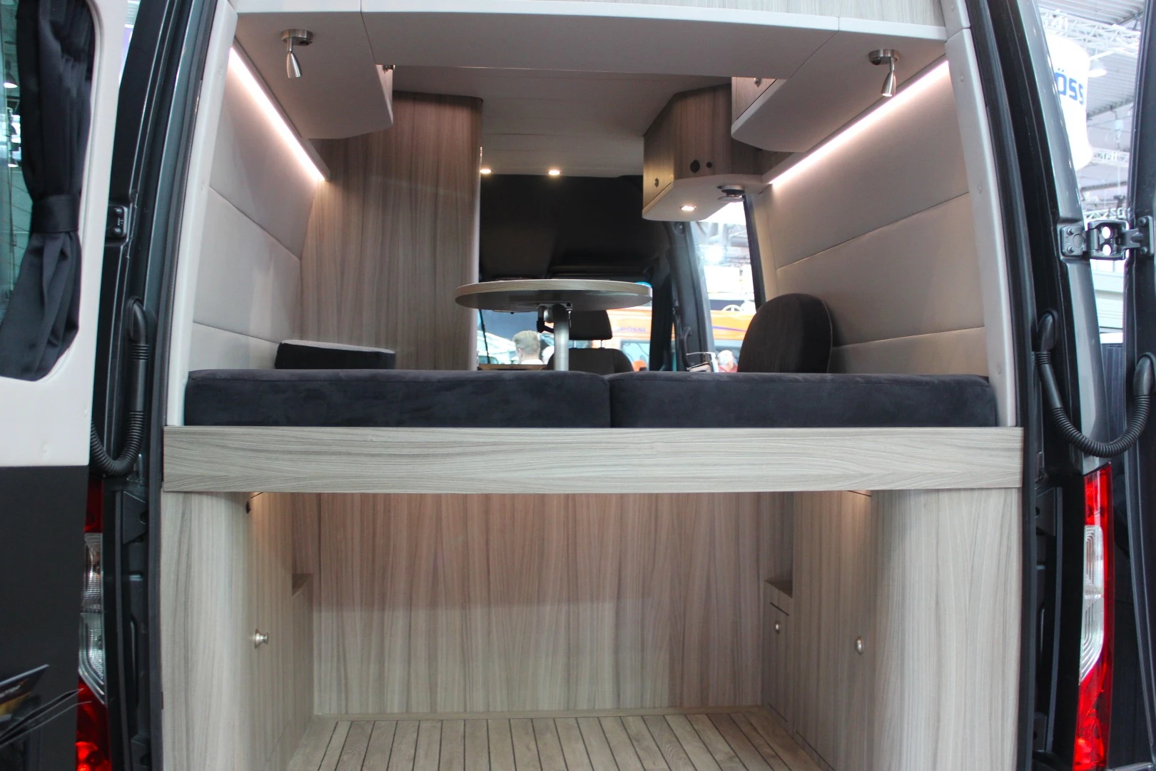 In the back of the Roadtrip Sprinter camper van