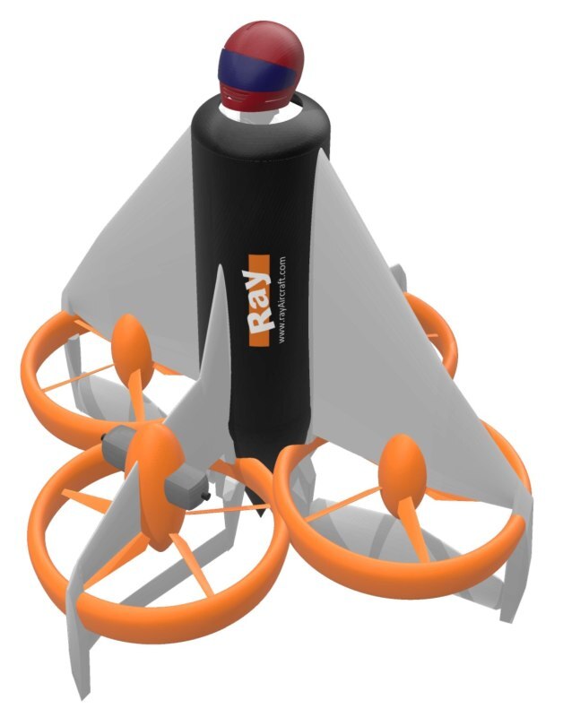 The Dart Flyer uses a quadcopter base with a pilot cocoon on top. It takes off and lands vertically, but flies horizontally and head-first to extend range in the air