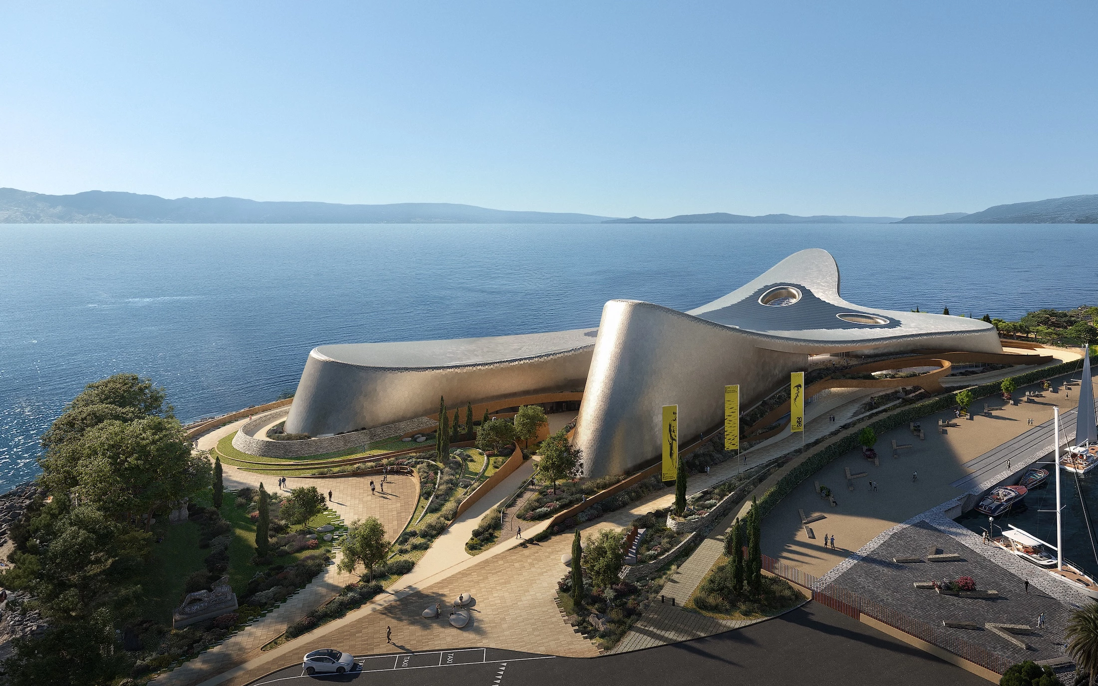 The Centre of Mediterranean Culture is defined by a sculpted aluminum exterior which has a shape informed by the local winds
